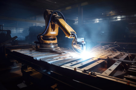 industrial robot performing welding repair on steel beam, created with generative aiの素材
