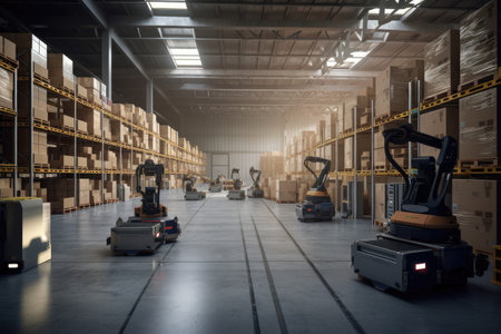 warehouse, with a variety of robots performing different tasks, such as sorting goods or loading trucks, created with generative aiの素材