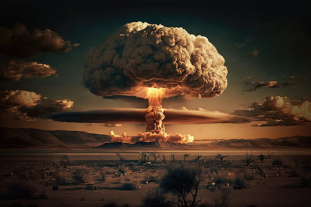 view of mushroom cloud rising into the sky after nuclear blast, created with generative aiの素材