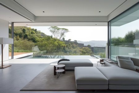 minimalist home, with view of nature in the background, brings peace and serenity to its residents, created with generative aiの素材