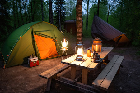 tent, lantern and flashlight on wooden table in campsite, created with generative aiの素材