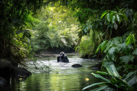 gorilla swimming in tranquil stream, surrounded by lush greenery, created with generative aiの素材