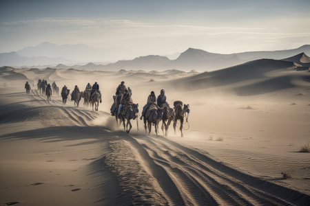 ancient nomadic tribe making their way across vast desert landscape, created with generative aiの素材