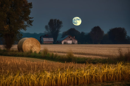 magical moonlit night with a harvest moon casting its glow on the fields, created with generative aiの素材