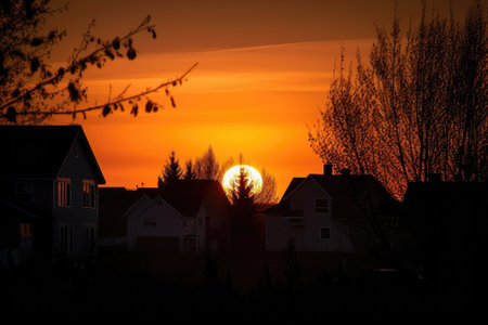 sunset over a harvest moon, with silhouettes of trees and houses in the background, created with generative aiの素材