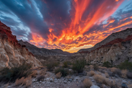 close-up of fiery canyon sunset, with clouds and mountains in the background, created with generative aiの素材
