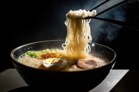 close-up of steaming bowl of tonkotsu ramen with slow, lazy steam rising, created with generative aiの素材