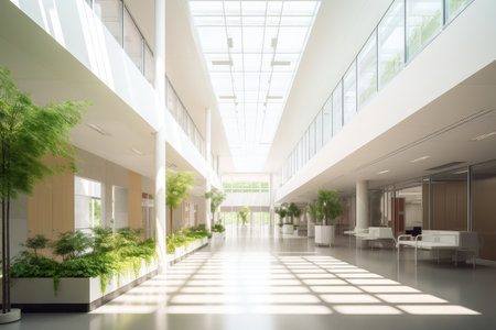 modern hospital, with sleek and minimalist design, featuring plenty of natural light and greenery, created with generative aiの素材