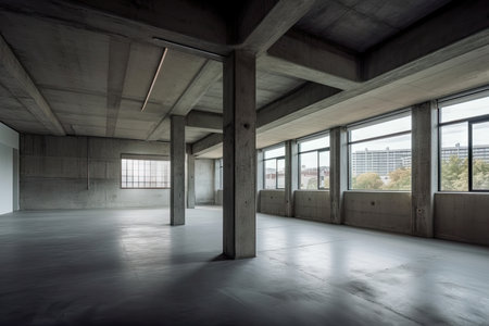 industrial lofi interior with raw concrete walls and metal ceiling, created with generative aiの素材
