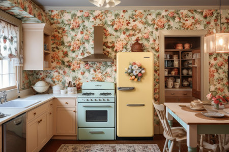 floral wallpaper in kitchen with cabinets and appliances matching, created with generative aiの素材