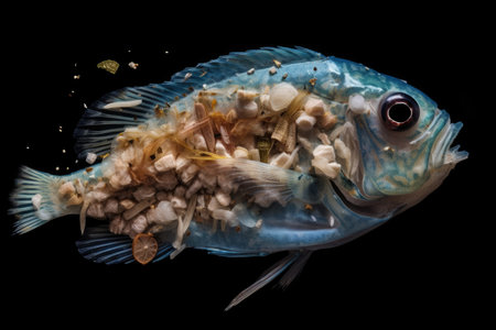 microplastics in the stomach of a fish, with its digestive system visible, created with generative aiの素材