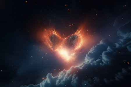 heart, with rays of light shining through clouds of nebula dust and gas, created with generative aiの素材