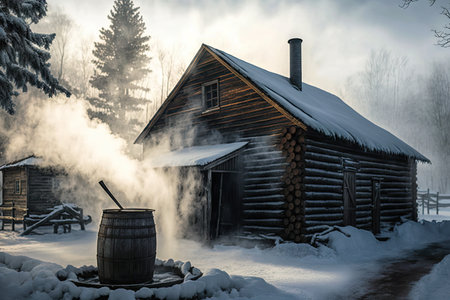 maple sap evaporator being operated in traditional sugar shack setting, with smoke rising from the fire, created with generative aiの素材