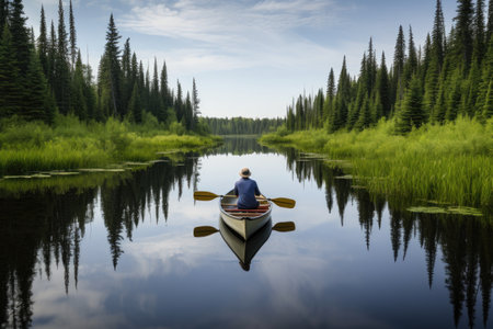 person, paddling solo canoe through calm lake, with nature and wildlife in the background, created with generative aiの素材