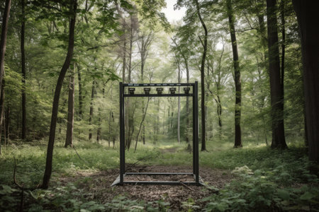 metal detector frame set in lush, green forest with birds and insects, created with generative aiの素材