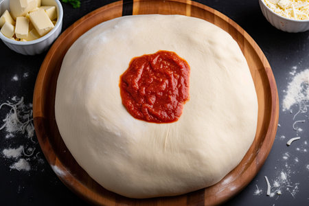 plate of fresh pizza dough ready to be topped with sauce and cheese, created with generative aiの素材