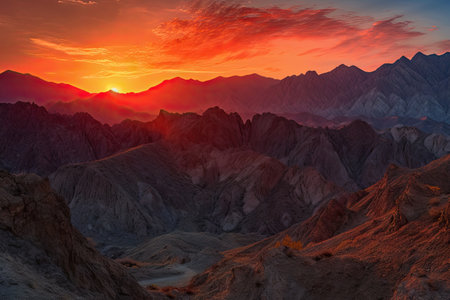 majestic mountain range, with fiery canyon sun setting behind it, created with generative aiの素材