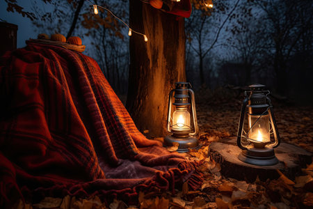 cozy campsite with lantern and warm blankets at night, created with generative aiの素材