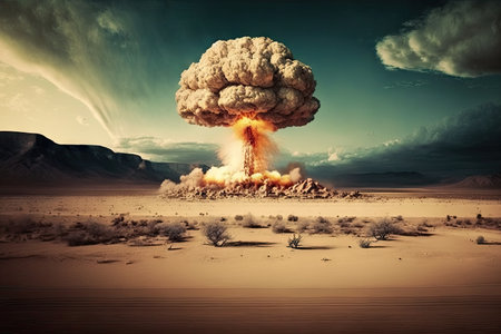 detonation of nuclear bomb in desert, with mushroom cloud rising above the horizon, created with generative aiの素材