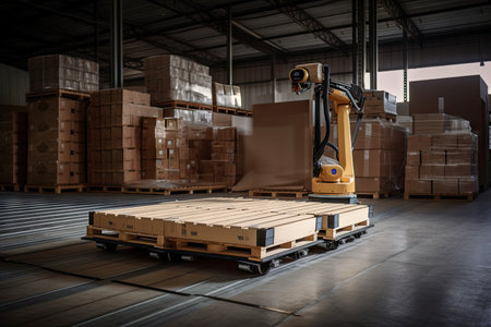 palletizing robot autonomously loading goods onto pallets in warehouse, created with generative aiの素材