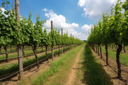 vineyard with row of trellises, perfect for growing vines, created with generative aiの素材