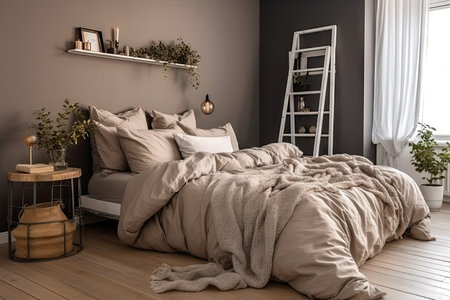 cozy bedroom with warm duvet and cozy pillows on bed, created with generative aiの素材