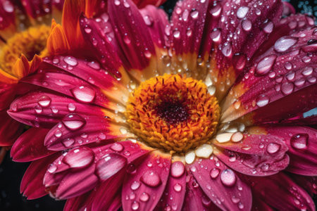 close-up of vibrant floral print, with droplets of water on the petals, created with generative aiの素材