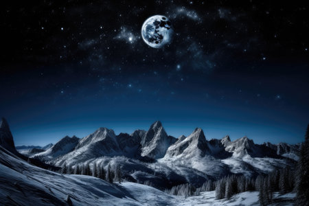 majestic mountain with full moon and starry night sky, created with generative aiの素材