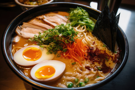 close-up of steamy bowl of ramen, with thick broth and plentiful toppings, created with generative aiの素材
