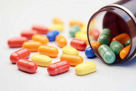 nutritional supplement in pill form, with close-up of the pills, created with generative aiの素材