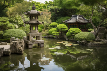 peaceful garden with serene pond and japanese pagoda in the background, created with generative aiの素材