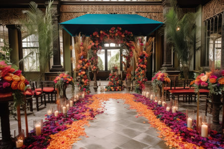 ceremony set up with intricate floral arrangements and colorful ribbons, created with generative aiの素材