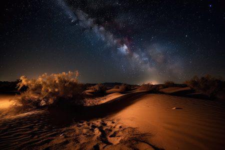 night sky, with stars and the moon shining over hot desert sands, created with generative aiの素材