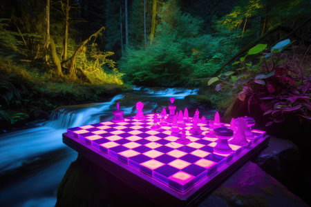 neon chess board in a serene setting, with babbling brook and waterfall in the background, created with generative aiの素材