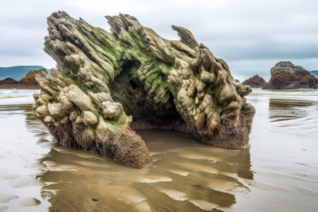 natural rock formation resembling a sea creature or monster, with seaweed and shells, created with generative aiの素材