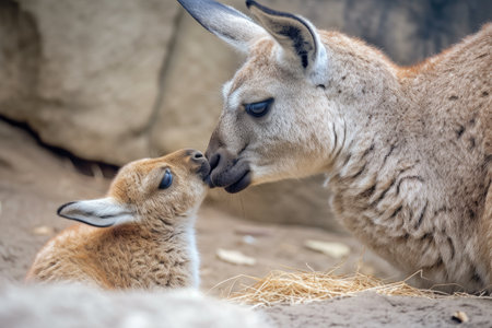 kangaroo mother tenderly licking her youngsters fur, created with generative aiの素材
