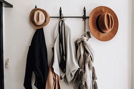 minimalist wardrobe with unique and quirky accessories, such as hats and scarves, created with generative aiの素材