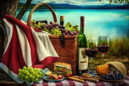 picnic blanket with picnic basket, bottles of wine, and delicious treats, created with generative aiの素材