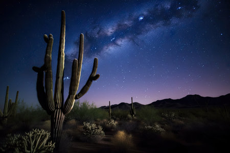 nightscape with starry skies and silhouette of cactus in the desert, created with generative aiの素材