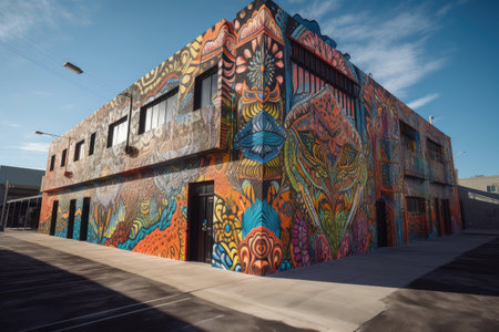 street artist spray-painting colorful and intricate designs on industrial building, created with generative aiの素材