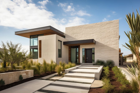 modern mediterranean home with sleek and minimalist exterior design, featuring natural stone accents and eco-friendly landscaping, created with generative aiの素材