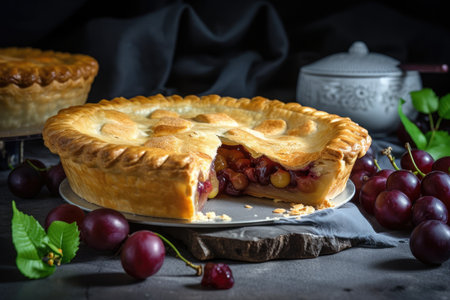 traditional fruit pie with a flaky crust and juicy filling, created with generative aiの素材