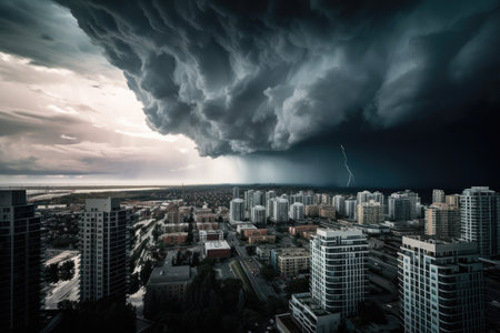 foreboding and dreary galactic cityscape, with stormy skies above, created with generative aiの素材