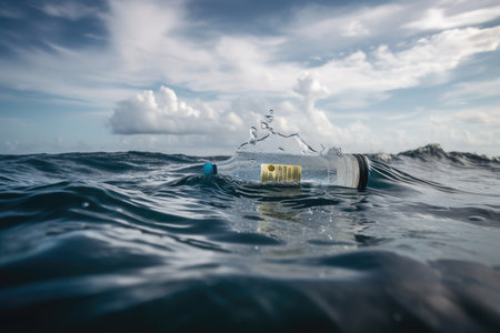 plastic bottle floating on the ocean waves, created with generative aiの素材