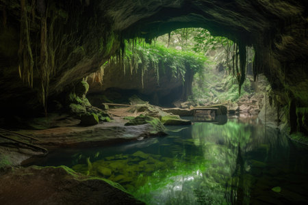 cave with natural rock formations and waterfalls, created with generative aiの素材