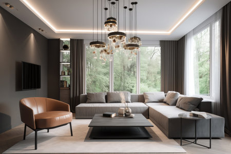 a modern living room with sleek and minimalistic lighting fixtures, created with generative aiの素材