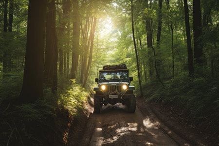 off-road vehicle driving through dense forest, with trees arching overhead, created with generative aiの素材