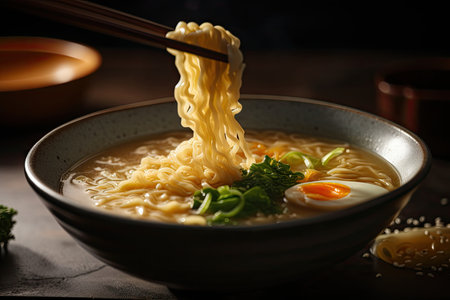 close-up of rich and creamy ramen broth, ready to be enjoyed, created with generative aiの素材
