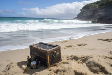 geocaching treasure hunt on secluded beach, with the waves rolling in, created with generative aiの素材