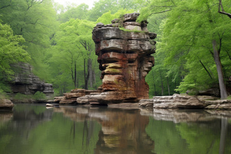 natural rock formation towering over a tranquil pond, created with generative aiの素材